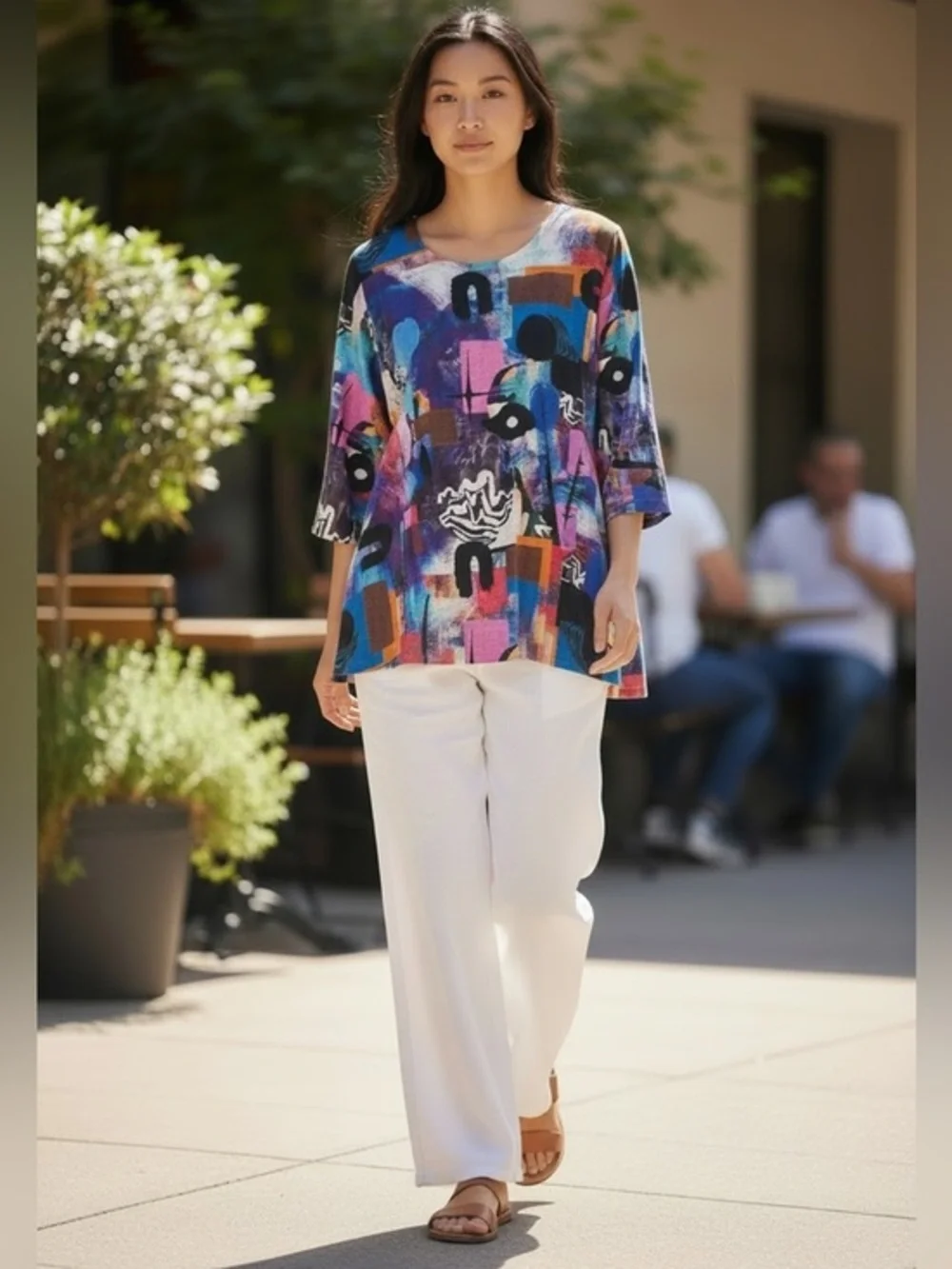 ET LOIS ART DECO ABSTRACT COLORFUL BUSINESS CASUAL LIGHTWEIGHT TUNIC TOP XL